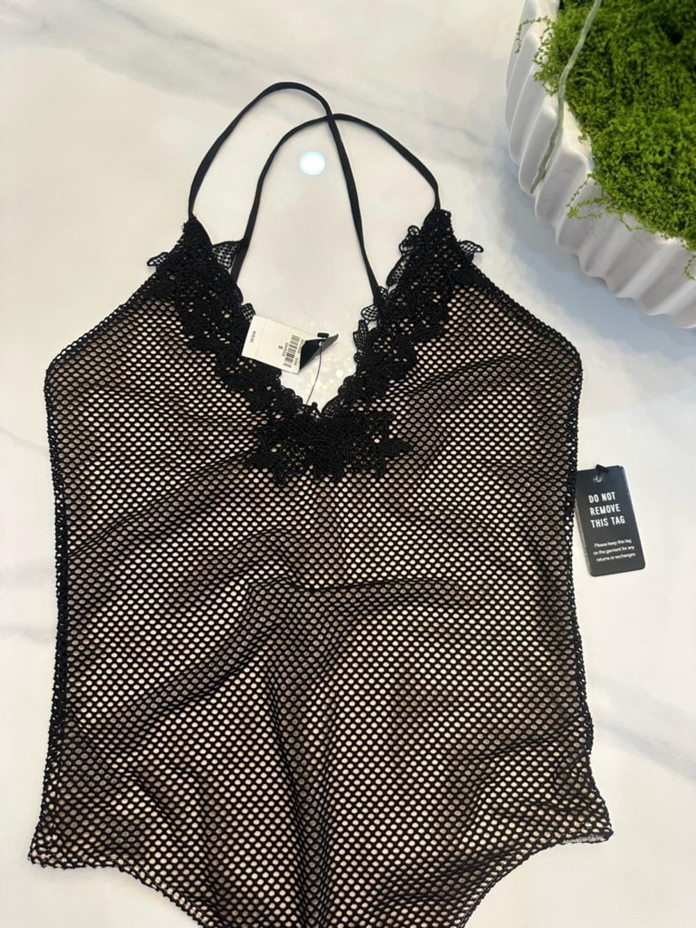 Express Black Mesh Lace-Trim Bodysuit